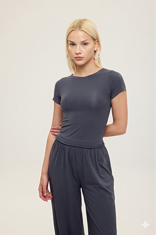 Ultra Soft Boat Neck Short Sleeve Blouse Smoked