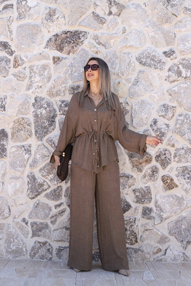 Khaki Gold Buttoned Top Standard Shirt and Pants Set
