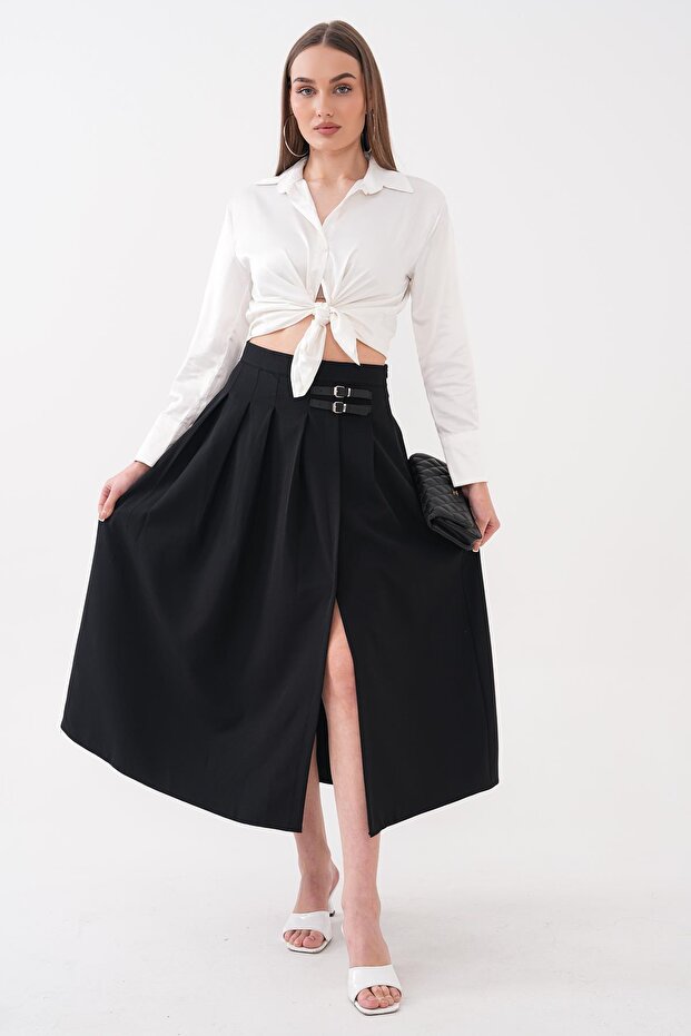 Women's Belt Detailed Pleated Long Skirt 260439 -