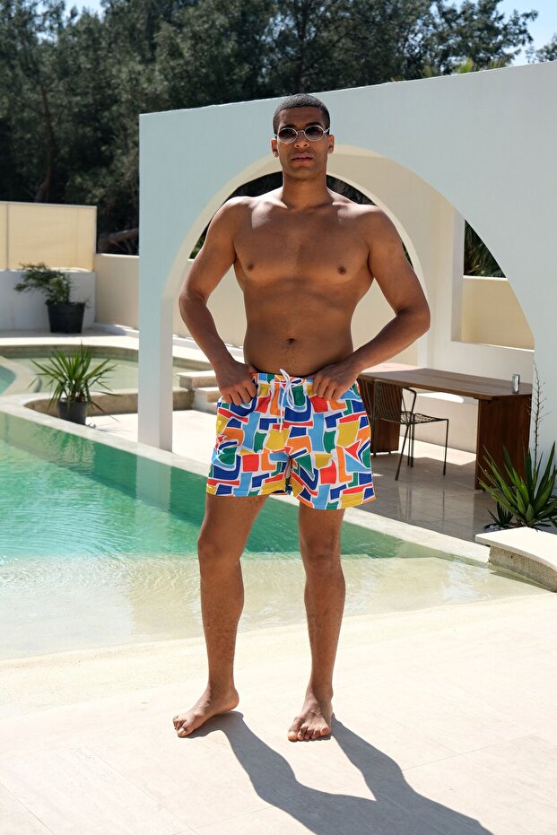 Quick-Drying Patterned Men's Swim Shorts with Pockets-26141