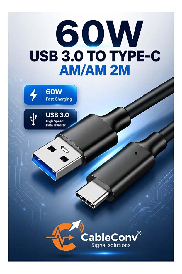 كابل USB 3.0 إلى Type-C بقوة 60 واط، طول 2 متر، للشحن السريع ونقل البيانات عالي السرعة