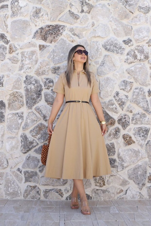 Sand Belted Front Zipper Dress