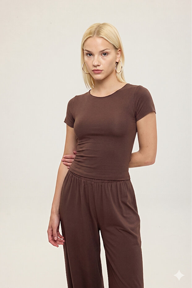 Ultra Soft Boat Neck Short Sleeve Blouse Brown