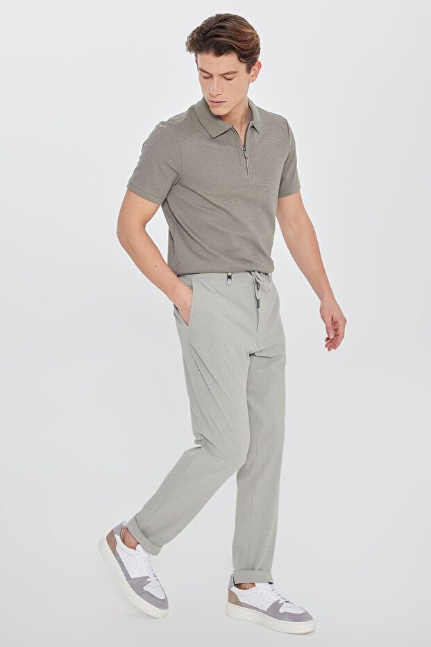 Men's Gray Slim Fit Tie-Waist Seersucker Patterned Side Pocket Casual Trousers