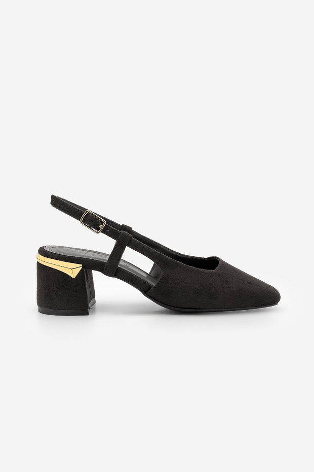 Women's Blunt Toe Thick Heel Open Back Strap Classic Heeled Shoes Likay Black Suede