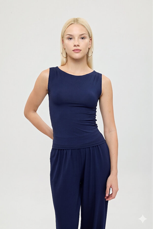 Ultra Soft Boat Neck Sleeveless Blouse Navy Blue