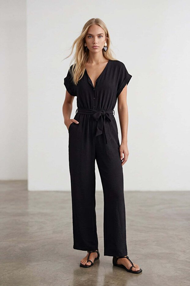 Black V-Neck Double Pocket Self-Belted Linen Blend Jumpsuit Alc-X15483