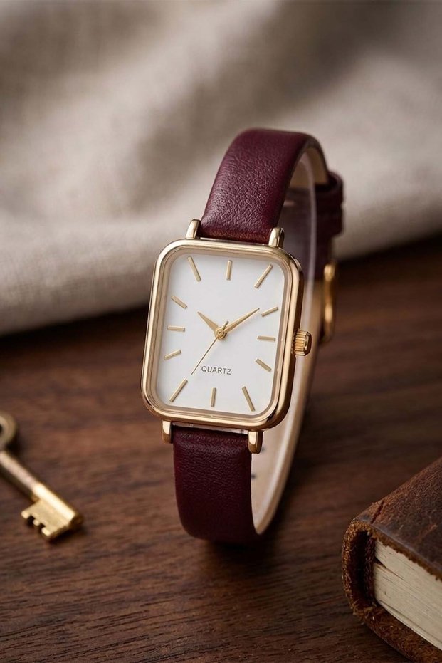 Gekas Luxury Women's Wristwatch - Vintage Rectangular Case with Gold Detail, Burgundy Leather Strap, Premium Watch
