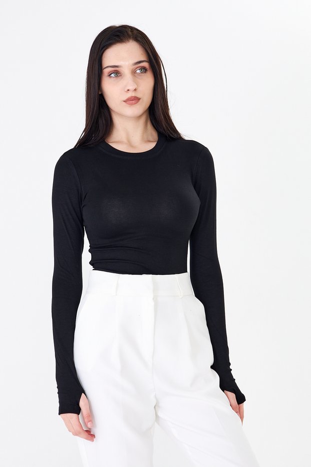 Women's Brown Long Sleeve Crew Neck Stretch Fabric Basic Body Blouse Slim Fit