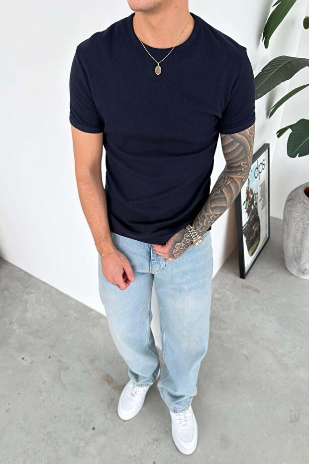 Navy Blue Basic Ribbed Relax Fit T-Shirt