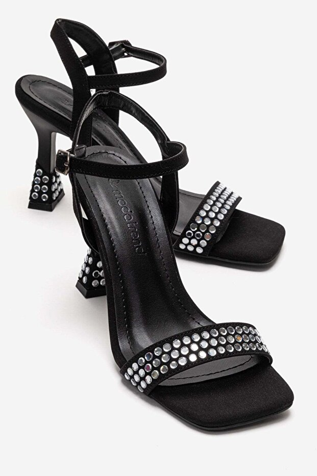 Women's Single-Strap Stone Heeled Sandals Black Zra