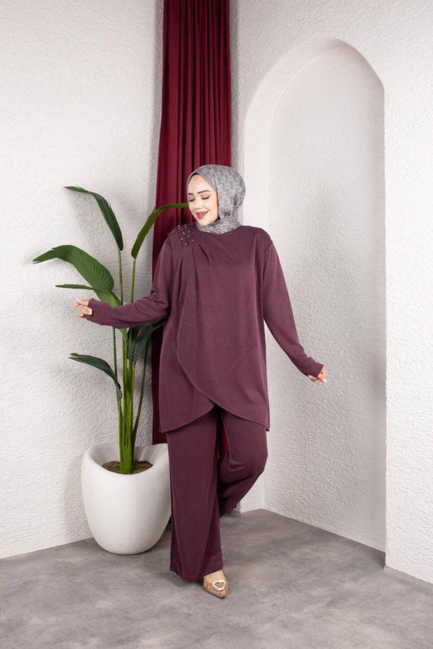 Crew Neck, Shoulder Gathered, Stone Embroidered Double Breasted Tunic and Trousers Two-Piece Set
