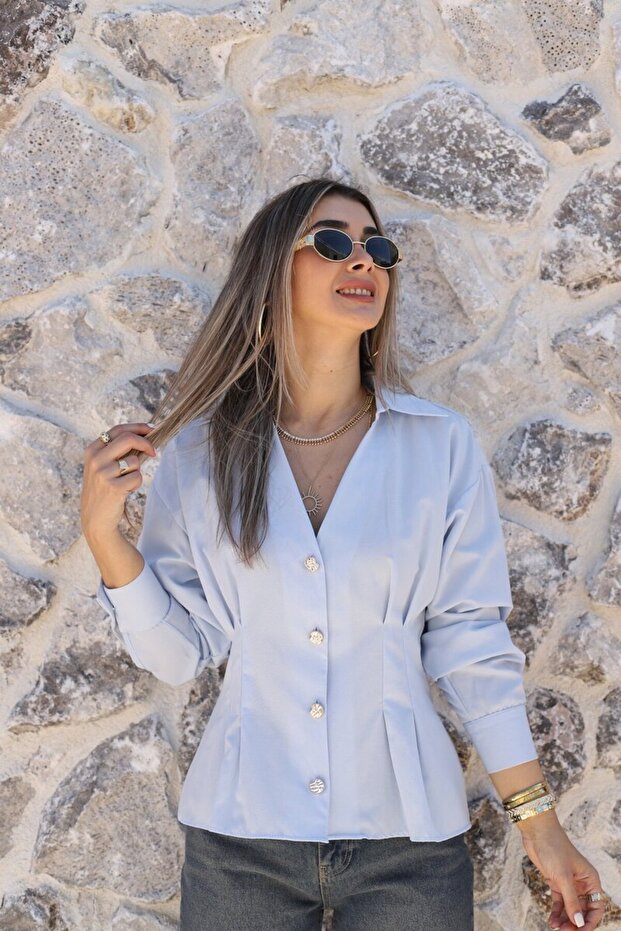 Baby Blue Gold Buttoned Pleated Shirt