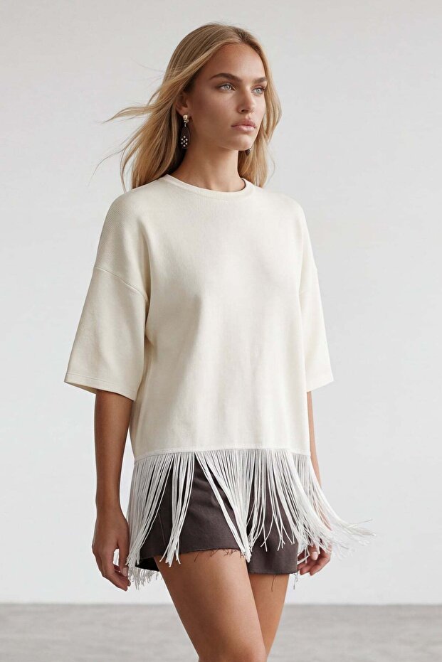 Ecru Crew Neck Tasseled Blouse Alc-X15478