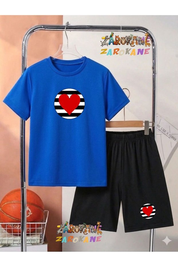 Heart Printed on Round Neck Shorts/T-Shirt Summer Children's Two-Piece Set