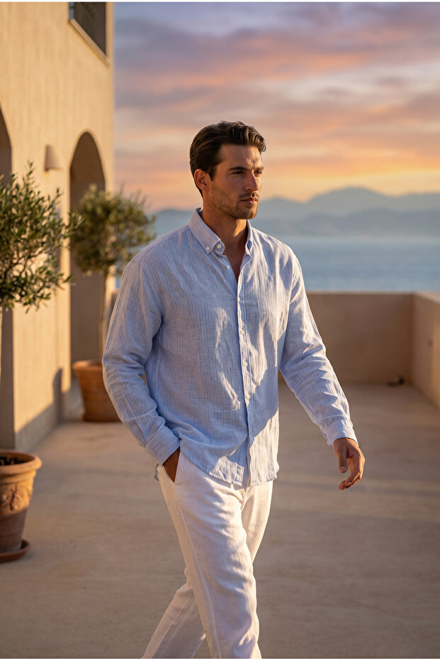 Men's Baby Blue Striped Long Sleeve Shirt Ls-13043