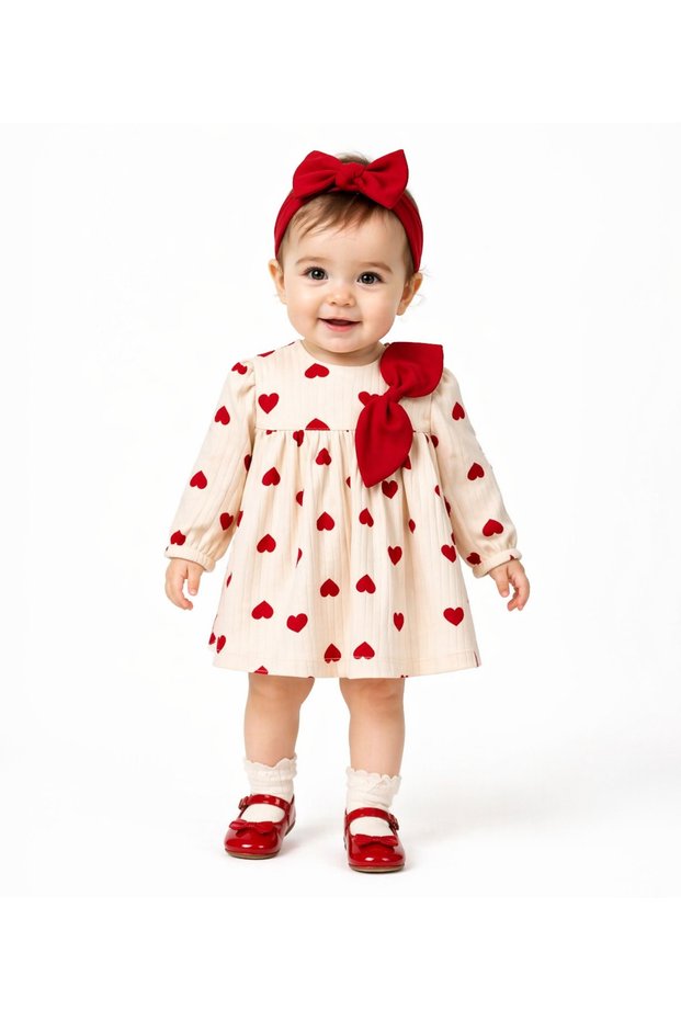 Heart Patterned Bowknot Baby Girl Dress & Bandana Set
