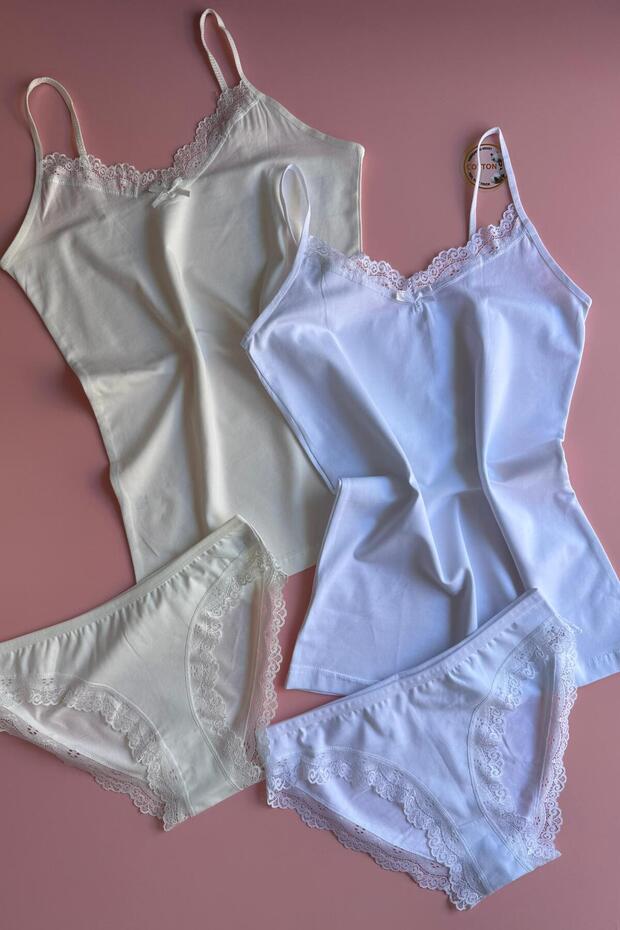 Lace | Cotton Tank Top and Panties Set in Ecru and White Colors with String Straps