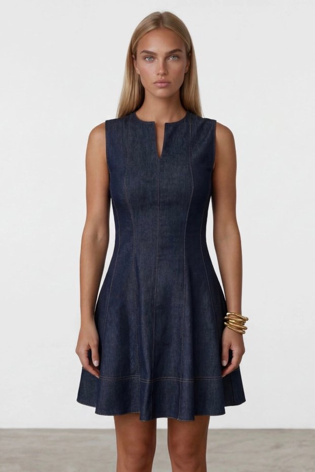 Women's Navy Blue Waist-Slit Collar Sleeveless Summer Stylish Mini Length Denim Jean Dress