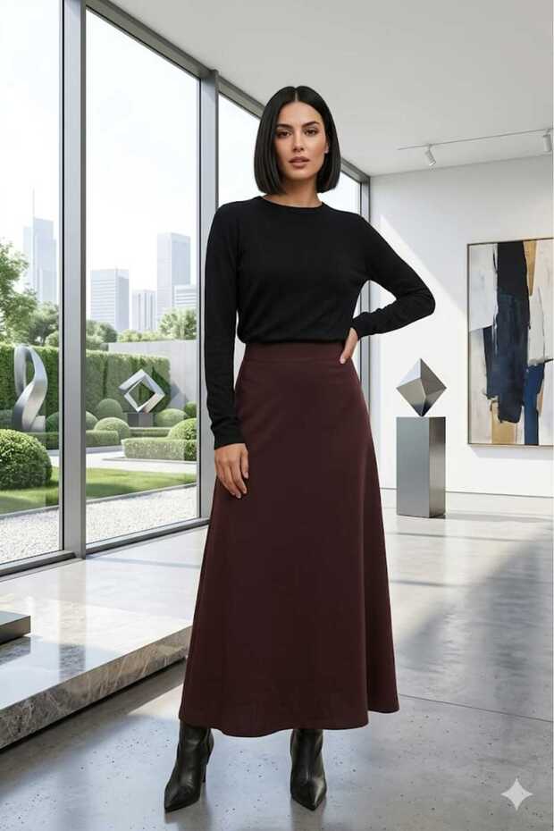 Women's Flared Black Color Zipper Detailed Summer Long Skirt 18264