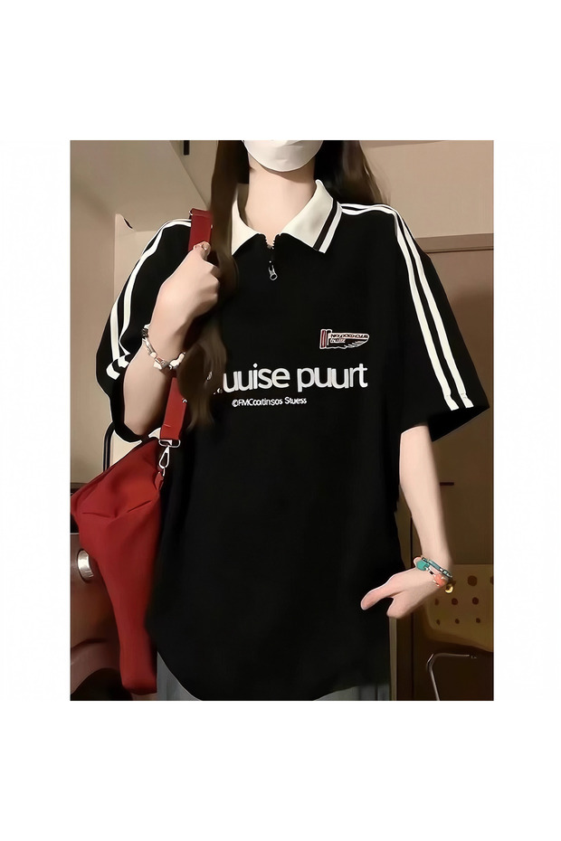 Women's Oversized Burgundy Cotton Polo Shirt - Korean Vintage Style