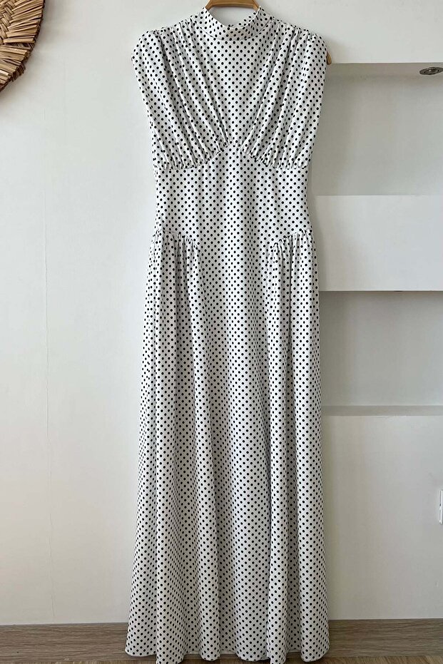 Ecru Waist-Slit Polka Dot Dress