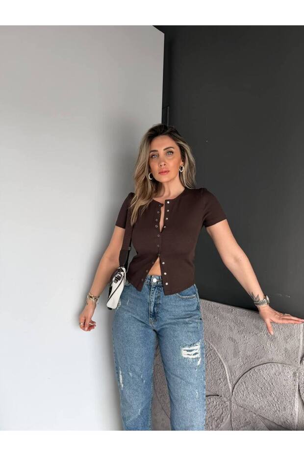 Buttoned Short Sleeve Basic Blouse - 3
