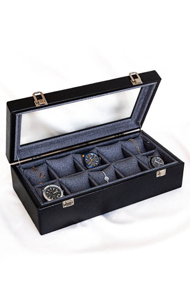 10-Piece Premium Watch Box, Faux Leather Covered, Special Design with Glass, Accessory Organizer
