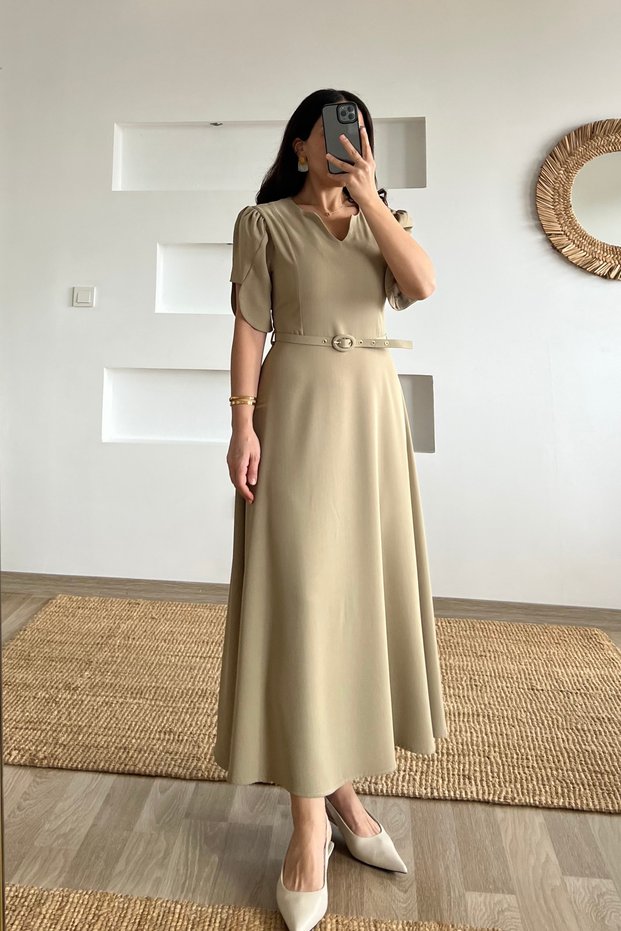 Green Belted Asymmetrical Sleeve Dress