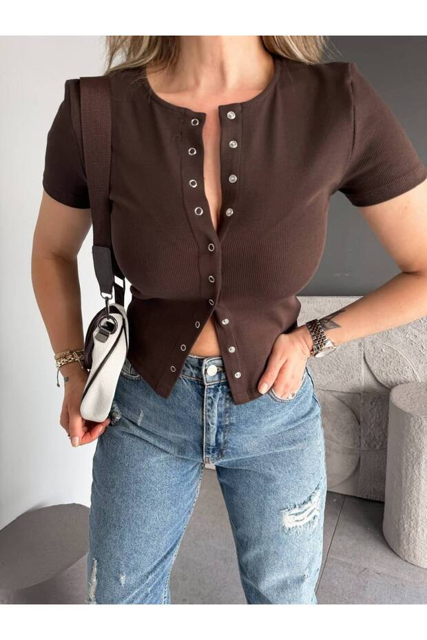 Buttoned Short Sleeve Basic Blouse - 1