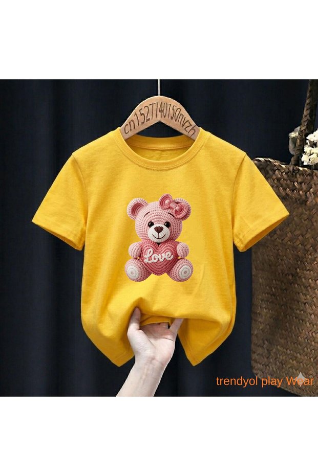 Knitted Pink Bear Love Printed 100% Kids Unisex T-Shirt 5 6 -7 8-9 10 -11 12 Years Old