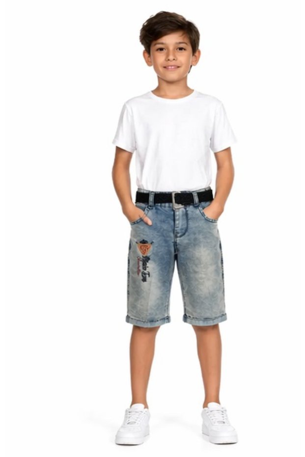 Boy's Blue Color Jeans Shorts with Embroidered Belt, Pockets and Zipper Closure