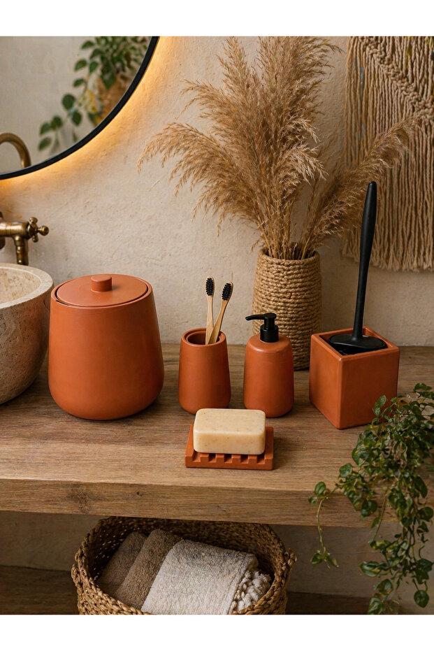 Decorative 5-Piece Bathroom Set: Trash Can, Liquid Solid Soap Dispenser, Silicone Toilet Brush, Toothbrush Holder