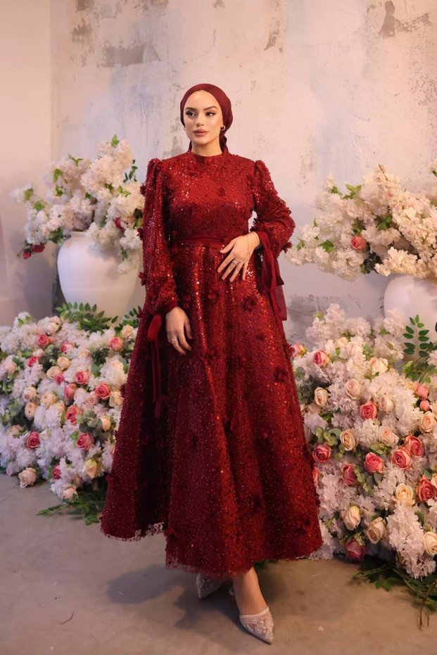 Women's Rose Detailed Waist-Tie Plus Size Henna Wedding Evening Dress
