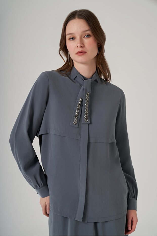 1050 Suit with Stone-Detail Collar and Skirt in Gray