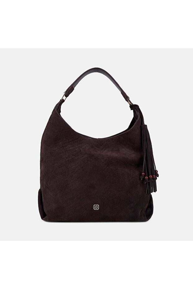 Women's Bitter Brown Knitted Patterned Tasseled Suede Textured Shoulder Bag