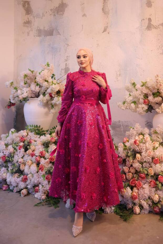 Women's Rose Detailed Waist-Tie Plus Size Henna Wedding Evening Dress