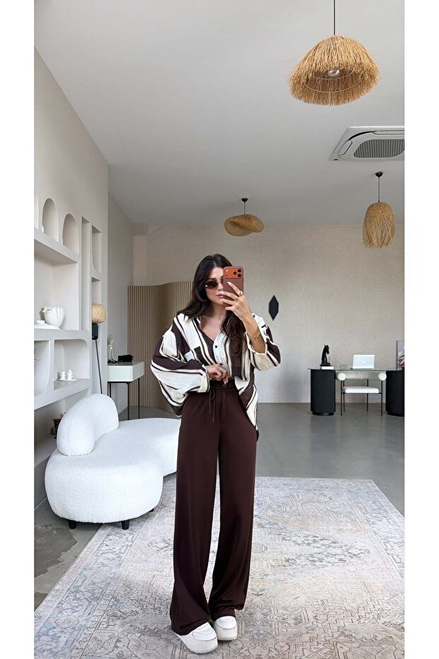 Brown Drawstring Modal Pants - 1
