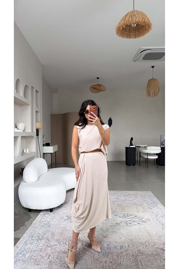 Beige Wrinkled Bohemian Gathered Detailed Blouse Skirt Set