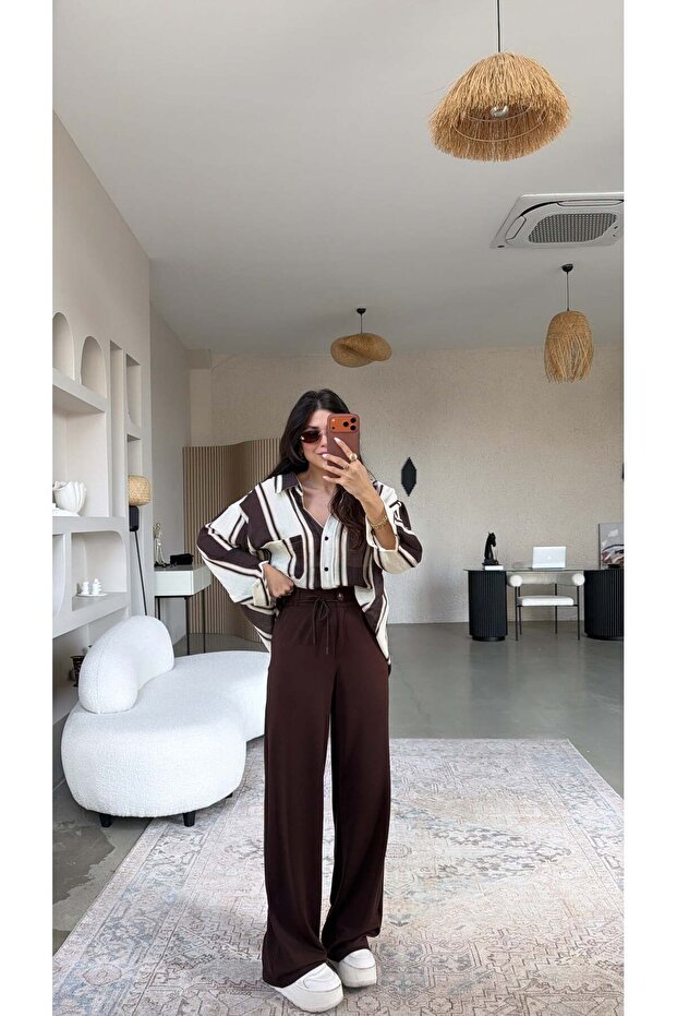 Brown Drawstring Modal Pants - 4
