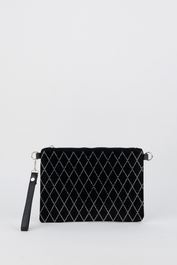 Women's Slim Baklava Silver Stone Suede Portfolio Handbag and Clutch Bag with Ankle Strap and Chain Strap