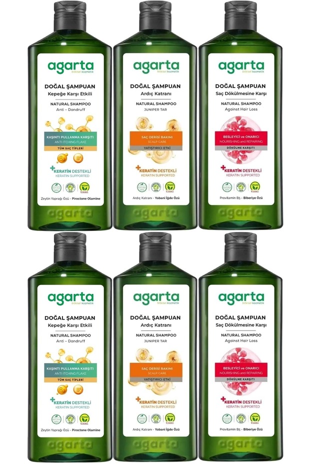 Natural Shampoo 400 ml Anti-Dandruff - Juniper Tar, Keratin - Hair Loss (Mixed Set of 6)