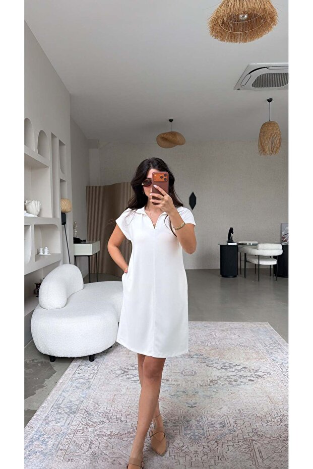 Ecru Collared Basic Dress with Striped Front and Pockets