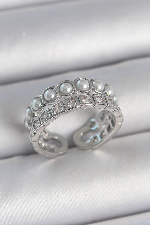 Brass Silver Rk 2 Row Zircon Stone and Pearl Adjustable Women's Ring