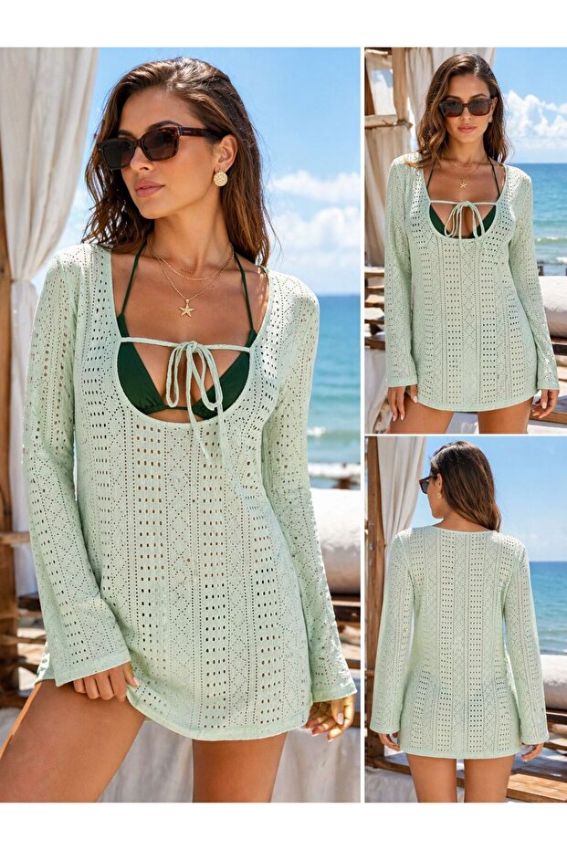 Front Tie Cotton Beachwear Beach Dress Green 8073-E