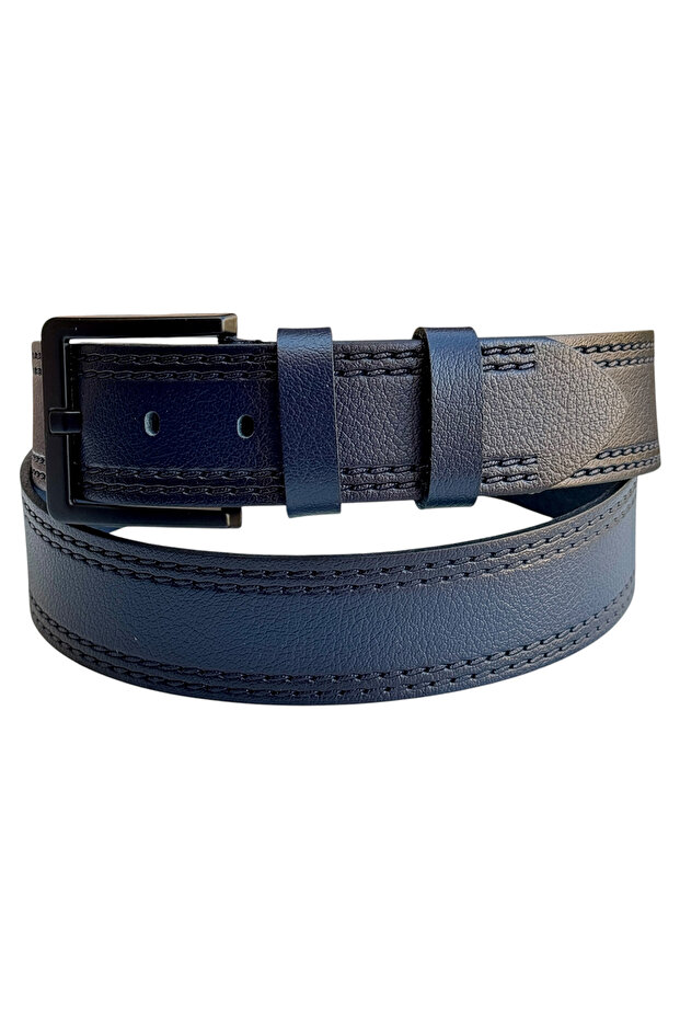 4.5 Cm. Sports Model Genuine Leather Belt with Stitched Edges for Men Navy Blue