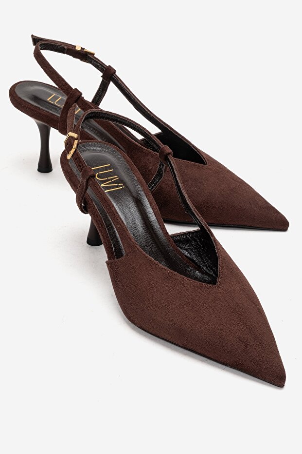 Irena Brown Suede Open Back Pointed Toe Women's Heeled Shoes
