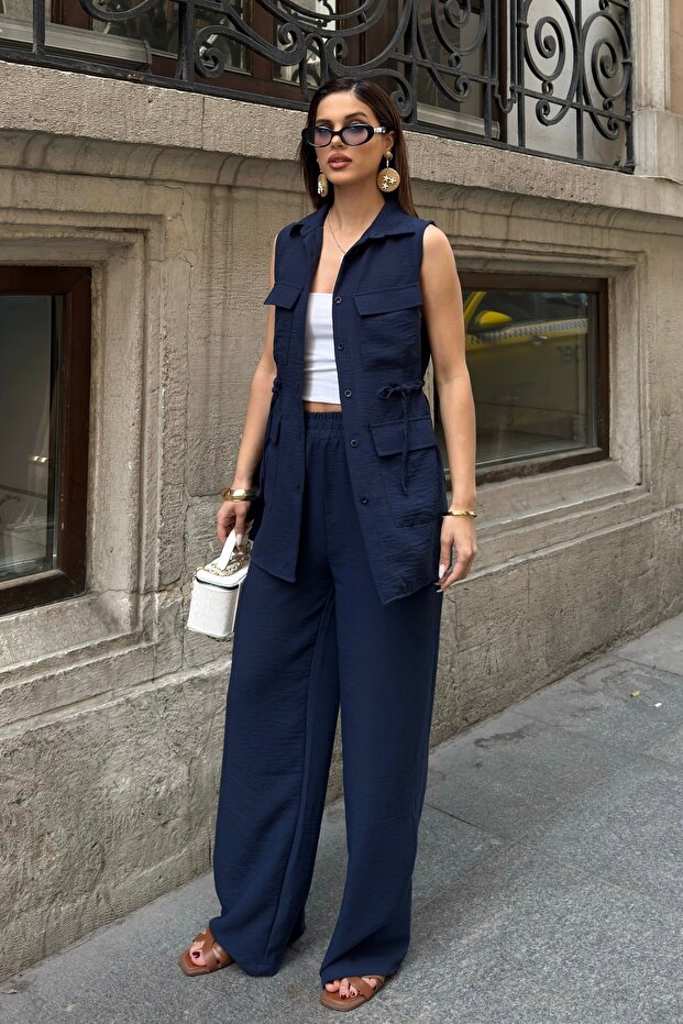 Women's Navy Blue Long Vest Pants Linen Textured Top and Bottom Set