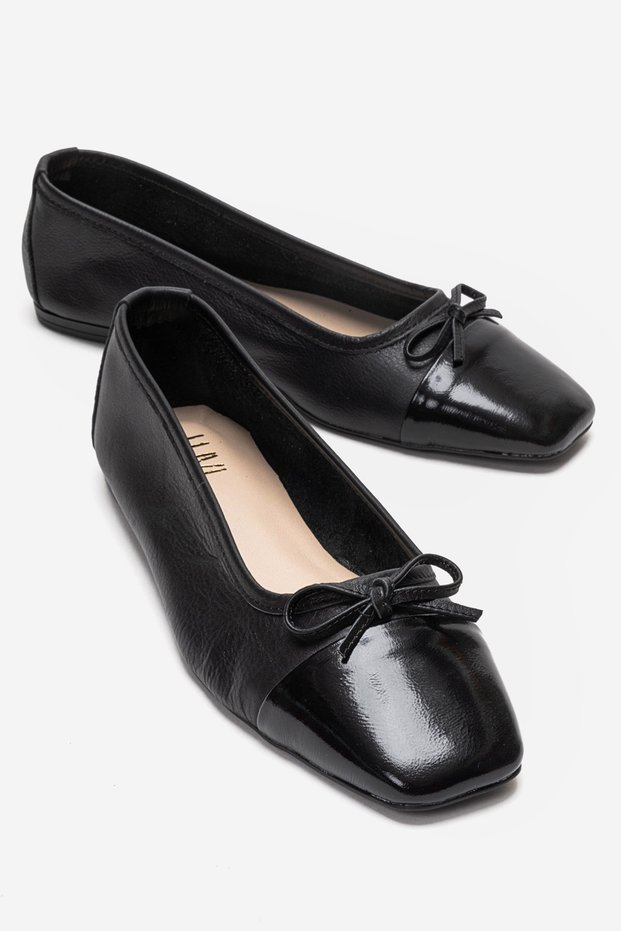 Romy Black-Black Patent Leather Genuine Leather Blunt Toe Bowknot Women's Ballerina Shoes