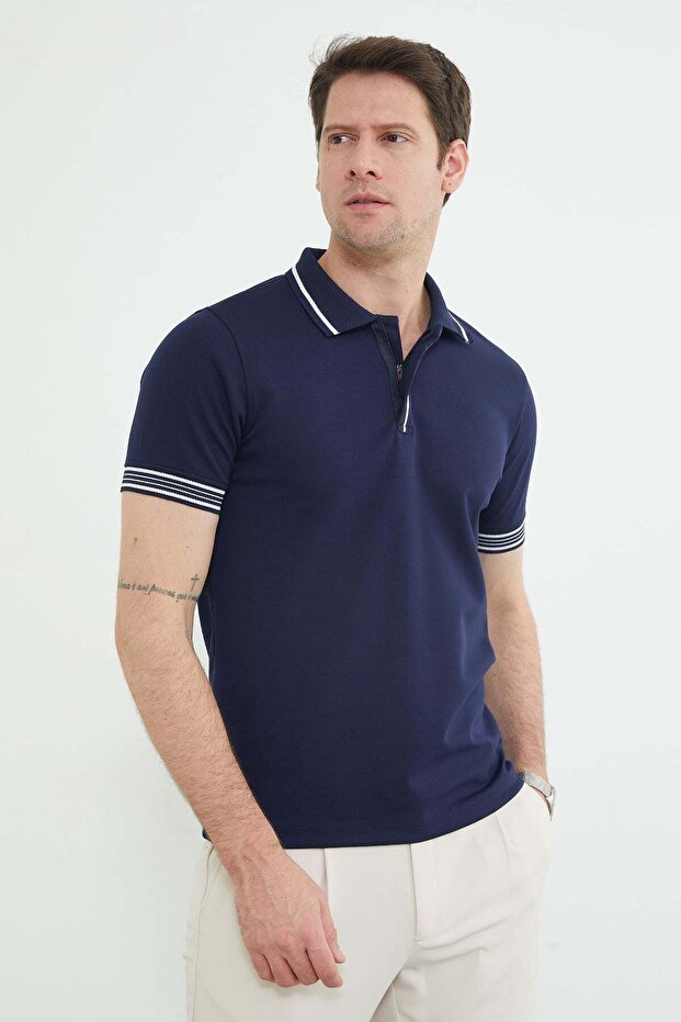 Half Zipper Striped Polo Neck T-Shirt